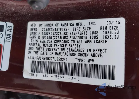 2015 Honda Cr-V Lx из США, поврежденный, VIN 5J6RM4H37FL059341